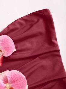 SHEIN Unity 全新 Y2K 风格花卉图案褶饰腰部修身短款女式上衣 - 酒紅色 - 查看 4
