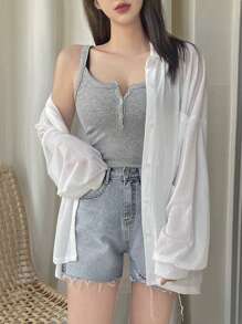 DAZY Camisa larga de mujer con hombros caídos y mangas largas, estilo preppy y transparente