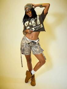 ROMWE Grunge Punk Women's Retro Vacation Camouflage Print Cargo Denim Shorts