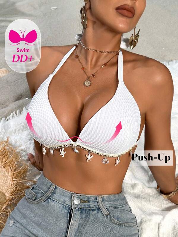 Swim DD+ Top de bikini camisola con decoración de tela texturizada para talla DD de mujer, top de bikini con push-up para fiesta de verano