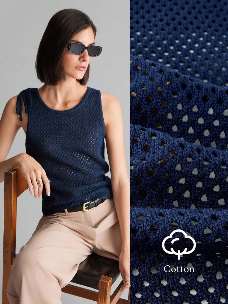 2025 Summer Women's Sleeveless Solid Color Hollow Knitted Top With Shoulder Tie, Elegant Party Dress Suitable For Independence Day, Beach Vacation, Graduation, Wedding Guest, Memorial Day, Dance Party, Versatile Casual Wear