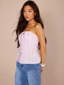 MUSERA Atasan Bandeau Bergaris Kancing Depan dengan Detail Saku, Cocok untuk Liburan Musim Panas, Imut, Seksi, Festival, Elegan, Liburan Musim Semi - Berwarna merah muda - View 3