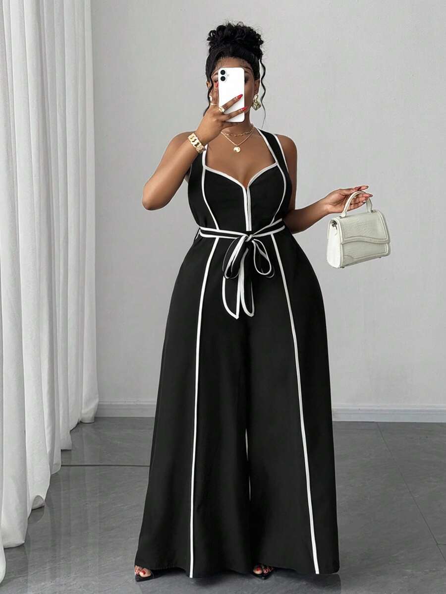 Maweii Plus Size Sexy Off-The-Shoulder Bowknot Jumpsuit - Black - View 1