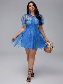 SHEIN 波西米亚风情装扮：梵高星空印花欧根纱泡泡袖短开衫 + 细肩带蓬松迷你连衣裙，公主派对礼服，夏季女装 - 彩色 - 查看 4