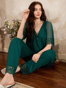 Elegant French Retro Mesh And Lace Patchwork Women Pajama Set - Dark Green - View 6