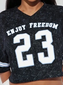 SHEIN SXY Washed Gray Numeric Print Athleisure Graphic Tee Cropped Jersey - Grey - View 6