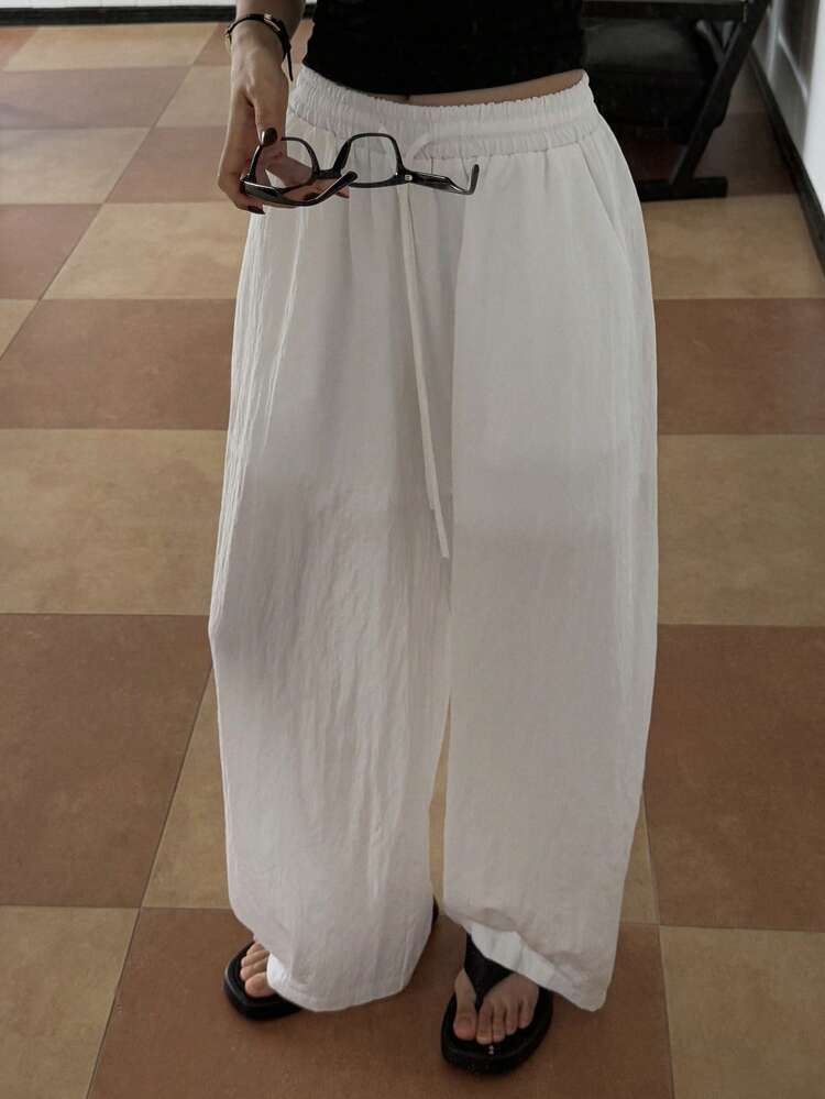 Women's Loose Drawstring Elastic Waist Wide Leg White Pants, Solid Color, Casual, Autumn