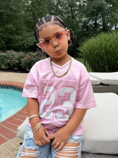 Young Girl Fashion Sports Street Style Pink & White Number 23 Print Jersey T-Shirt, Loose Casual Tee With Contrast Fabric Panels Kids Y2k Style