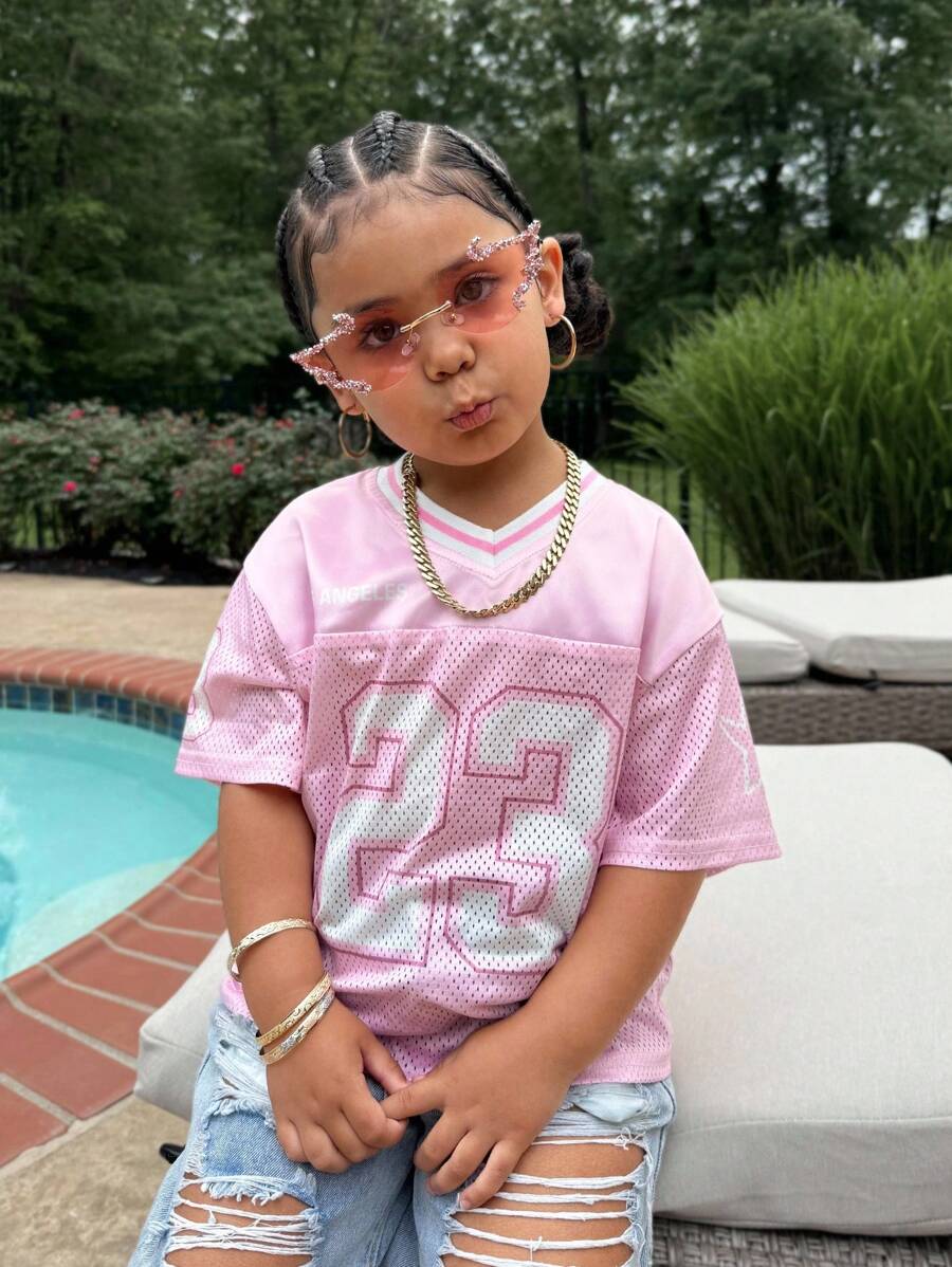 Young Girl Fashion Sports Street Style Pink & White Number 23 Print Jersey T-Shirt, Loose Casual Tee With Contrast Fabric Panels Kids Y2k Style