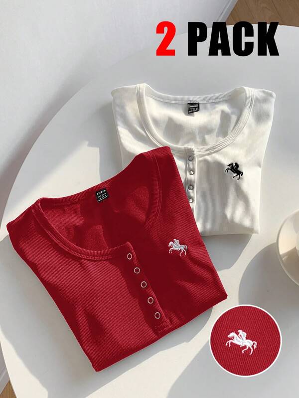 Comfortcana 2pcs Wine Red & White Solid Henley Neck Embroidery Fitted Short Sleeve T-Shirts