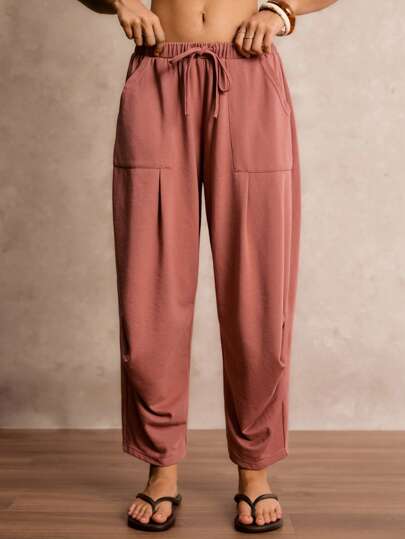 Easelle Pantalones anchos de 7/8 de longitud, con pliegues laterales, de estilo vintage y casual, en color rojo