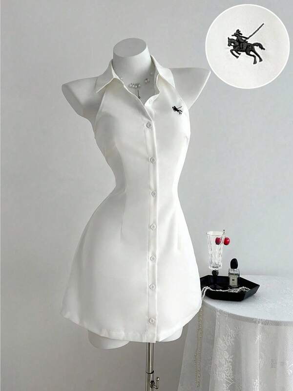 Elamini Vestido mini acampanado sin mangas con bordados, ajuste slim, para primavera/verano