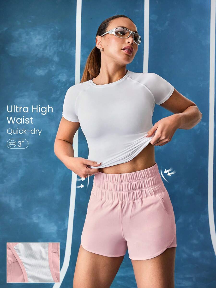 GLOWMODE VitalSwift Ultra High-Rise Elastic Waist Ventilated Back Adjustable Drawstring Sports Shorts With Built-In Shorts Medium Impact Running Jogging Training Gym Workout - Pink - View 1