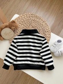 秋冬休闲可爱百搭黑白条纹拼接长袖 Polo 领卫衣，适合幼儿男孩/女孩，适合幼儿园