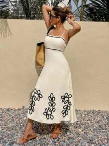 SHEIN Frenchy 女式夏季休闲海滩度假植物印花撞色滚边吊带连衣裙 - 彩色 - 查看 4