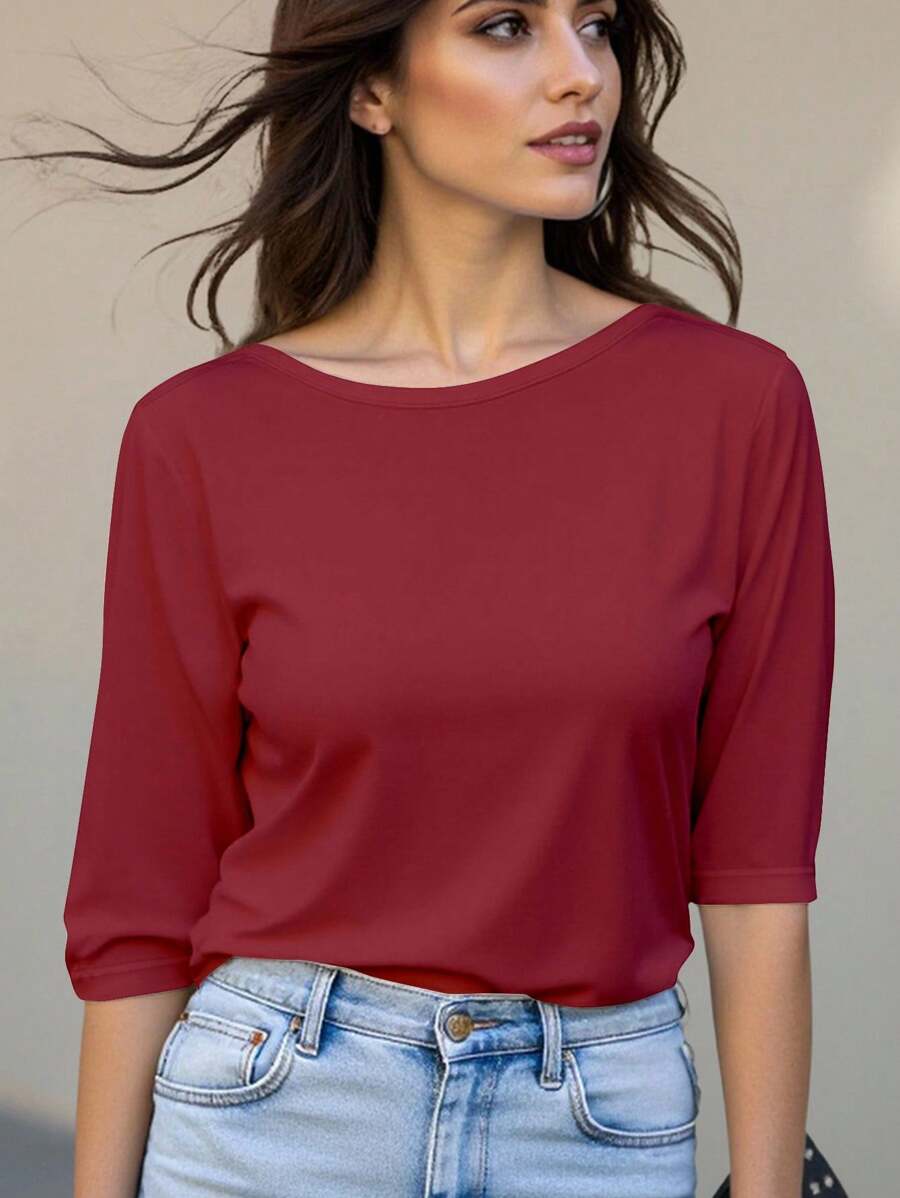 INAWLY 女士休闲纯色短袖宽松夏季 T 恤 - 玫紅色 - 查看 1