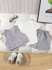SHEIN 3pcs Baby Boy Lightgrey Plaid Vest,Casual Shorts,Bowknot Summer Formal Outfit Set,Elegant Wedding,Weddingguest,Birthday Party,Christening Performance - Grey - View 2