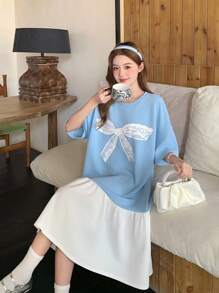 SHEIN 青少年女孩休闲街头风格拼色蝴蝶印花拼接宽松落肩短袖中长连衣裙 - 藍色 - 查看 6