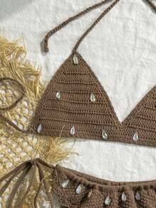 Swim Vcay 2pcs/Set Women Holiday Beach Rhinestone Decor Halter Top & Side Tie Bottom, Coverup Set For Summer Beach Vacation - Brown - View 3