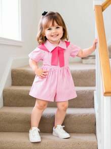 女婴夏季休闲风格连体衣短袖和披肩 - 淺粉色 - 查看 6