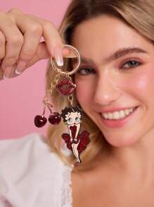 Betty Boop x SHEIN Porte-clés à pampille mode et élégant 3D en alliage brillant de cerise, pendentif de sac de dessin animé mignon