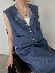 FRIFUL 女夏季单排扣牛仔背心阔腿裤休闲套装牛仔套装女阔腿女装牛仔两件套无袖牛仔 - 藍色 - 查看 8