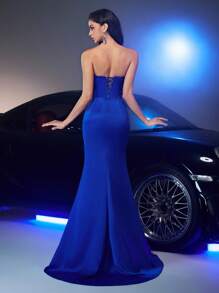 Glamrae Vestido de satén de acetato con estilo de sirena, cuello asimétrico de lujo, fruncido en la cintura, con cordón ajustable en la espalda y diseño de abertura, apropiado para ocasiones formales - Azul - Ver 3