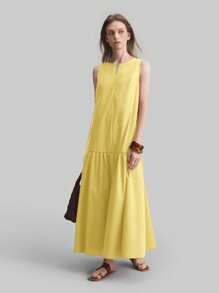 Ontre Vestido largo sin mangas de cuello redondo para mujer, estilo retro, amarillo, uso diario casual, vestido maxi sin camisa de unicolor minimalista, Vestido de vacaciones