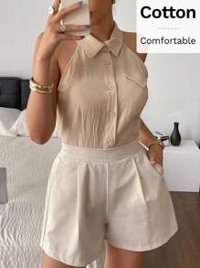 SHEIN Frenchy Chemise sans manches à boutons devant pour femmes, couleur unie, élégante, col chemise, Top épaules dénudées, design de rabat de fausse poche, en coton crêpe de couleur unie, simple, élégante, débardeur casual pour tous les jours, convient pour les déplacements en été. - Nude - Voir 6