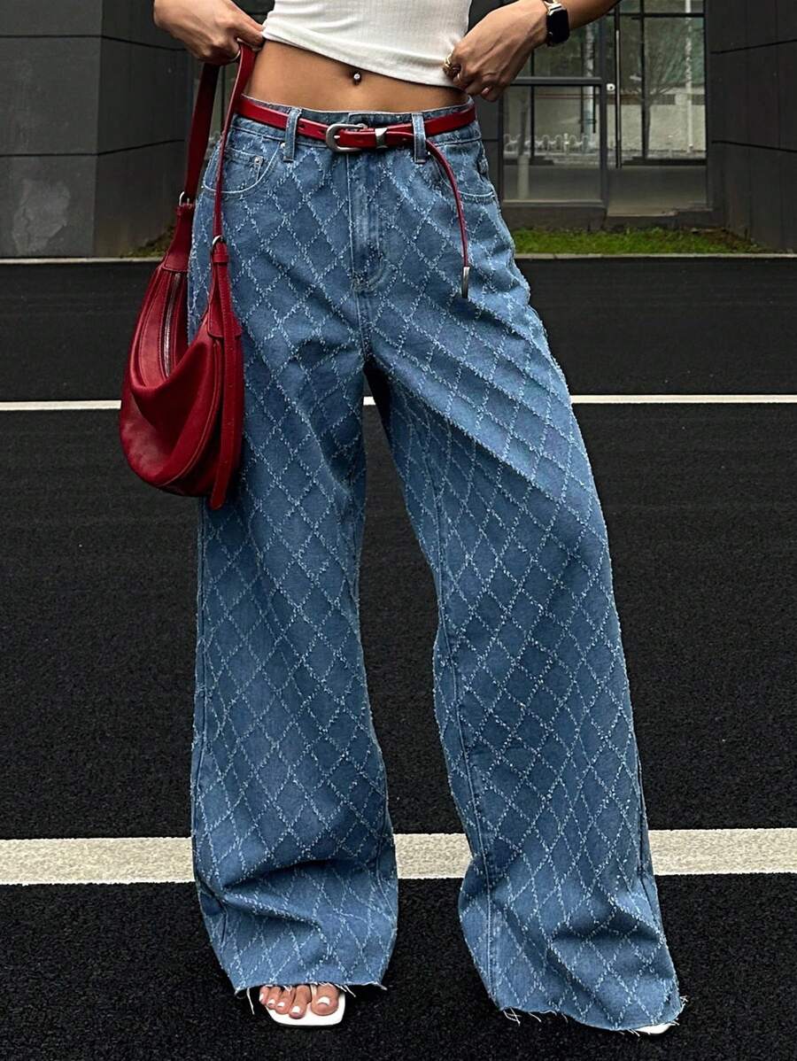 Livesso 女士格纹宽松休闲牛仔裤 - 藍色 - 查看 1