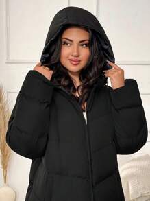 SHEIN Cottnline Plus Size Zip Up Drawstring Hooded Solid Color Winter Coat Holiday Club Black Casual Baggy - Black - View 7