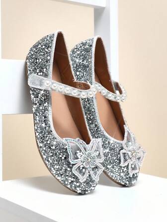 Mini mi #Princess-Approved Girls' Rhinestone Glitter Silver Round Toe Butterfly Detail Mary Jane Flats– Cushion Dressing Shoes For Princess's Dance&Party