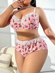 SHEIN 2件套印花罗纹针织加垫聚拢文胸套装，加大码 - 粉色 - 查看 5