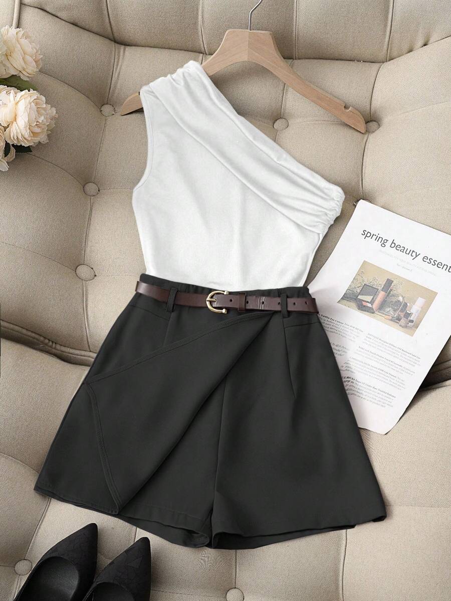 Franclia Casual Fashion All-Match Commuting High Elastic Pure Black One-Shoulder Pleated Top And Khaki Fake Pocket Skirt Pants With Belt Ladies Two Pieces Set - Black and White - View 1