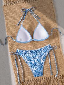 Sunnyshic 2 件套全新夏季随机印花纹理吊带三角比基尼，带褶边配饰，性感优雅泳衣，适合度假、海滩、泳池、派对 - 彩色 - 查看 5