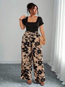 SHEIN Tall Plus Size Floral Print Patchwork Romper, Casual Vacation Style - Black - View 4