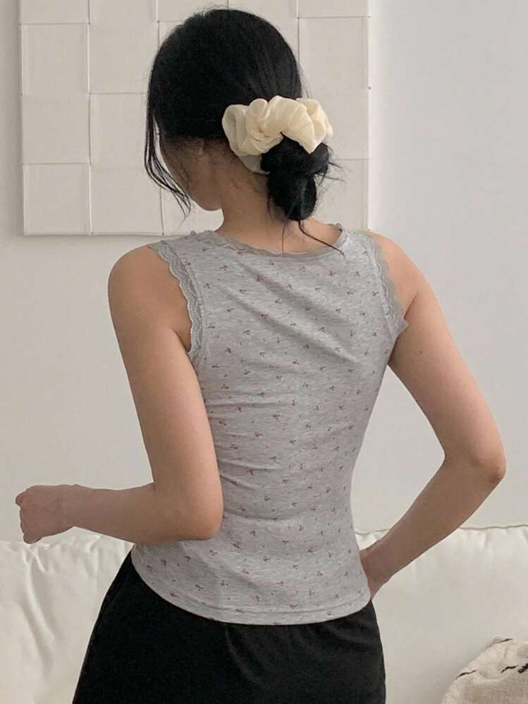 DAZY 甜美花卉印花蕾丝花边吊带背心，内置衬垫 - 灰色 - 查看 2