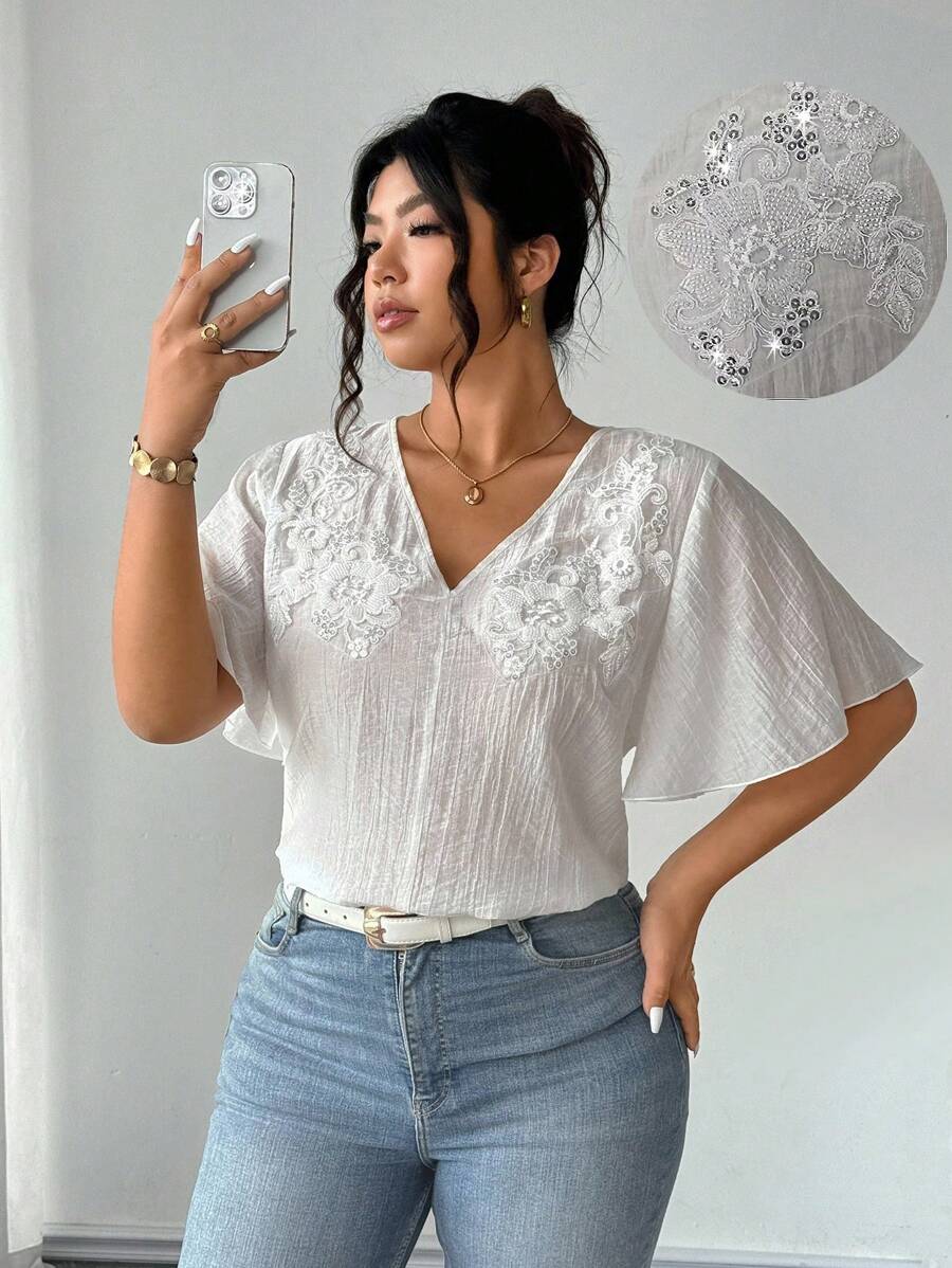 Elenzga Plus Size V-Neck Short Sleeve Shirt With Embroidery Decor And Ruffle Trim, Casual For Commuting & Outings - White - View 1