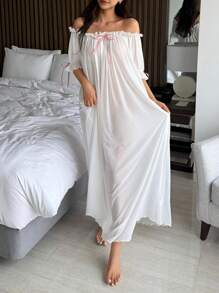 DAZY 迷人透明网眼露肩荷叶边下摆长款女士性感睡袍睡衣 - 白色 - 查看 4