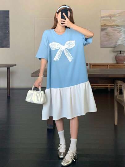 SHEIN 青少年女孩休闲街头风格拼色蝴蝶印花拼接宽松落肩短袖中长连衣裙