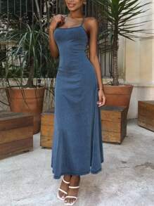 DAZY Đầm denim dài không tay, thắt eo dành cho nữ, thích hợp cho kỳ nghỉ. - Màu xanh lam - Xem 5