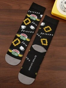 FRIENDS X SHEIN 3 pares de calcetines informales tipo media hasta el tobillo, suaves y transpirables, con diseños de dibujos animados, de color gris y negro de moda, con dedos y talones reforzados para mayor durabilidad, unisex para hombres y mujeres, aptos para todas las estaciones y a juego con cualquier atuendo