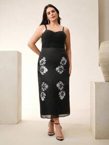 Anewsta 大码女式花卉刺绣优雅长裙 - 黑色 - 查看 6