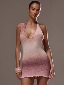 MUSERA Knit Plunge Halterneck Lettuce Hem Ombre Knit Fitted Low Back Mini Sweater Dress Ibiza Sexy Vacation Holiday Spring Summer Festival Beachwear Elegant Birthday Rave Night Out Party Evening Party Elegant Christmas
