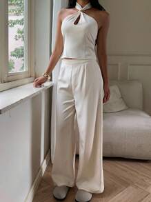 SHEIN EZwear Women Summer/Fall  Fashion Metal Ring Halter Top And Long Pants Set,Simple And Versatile, Suitable For Daily Wear - Apricot - View 1