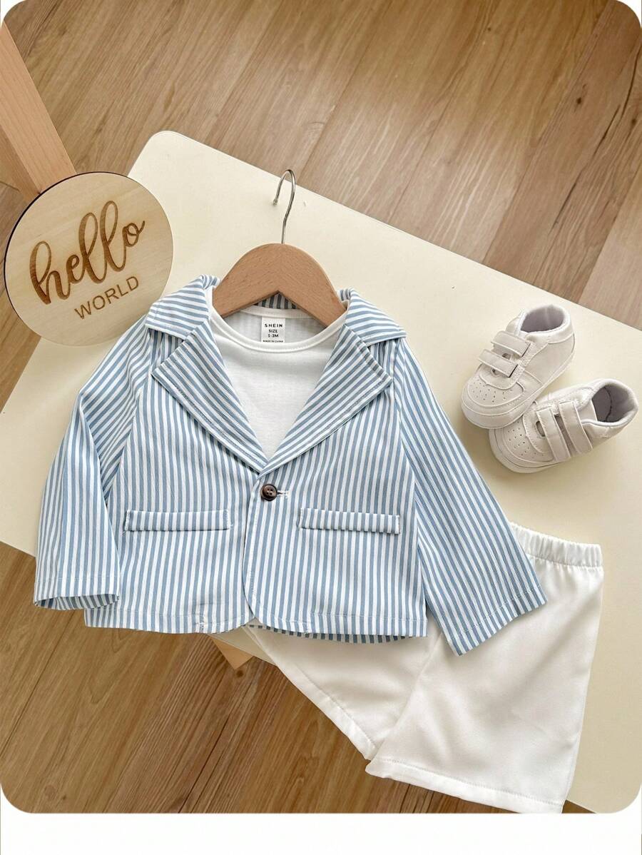 SHEIN 2 件套男婴春夏休闲可爱条纹长袖西装外套和松紧腰短裤套装，绅士风格服装适合生日派对、晚会、表演、婚礼、婴儿洗礼、月度庆祝和 1 岁生日 - 彩色 - 查看 1