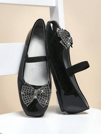 Mini mi Ballerine nere con punta quadrata, cinturino elastico, fiocco con strass, ispirazione vintage - Devono averle le piccole principesse, eleganti e comode