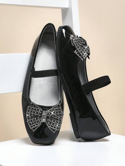 Mini mi 女童弹力带方头复古风水钻蝴蝶结黑色芭蕾平底鞋 - 低价格必备，优雅舒适