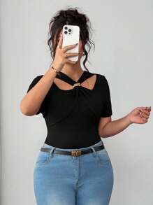 Elenzga Blusa de manga corta con cuello cuadrado para mujer de talla grande, con silueta estilizadora, versátil y de moda para uso diario en primavera/verano - Negro - Ver 5