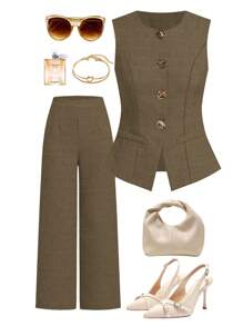 Ellevyn French Style Women Sleeveless Vest With Metal Button Shirt For Work Brown Blouse Business Casual - Brown - View 1